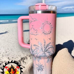 Authentic Stanley 30oz or 40oz Travel Quencher Tumbler - Personalizable Tropical Beach Palm Tree Summer-Full Wrap Permanently Laser Engraved