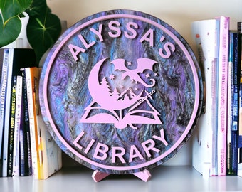 6” Marbled Glitter Acrylic Personalized Dragon Fantasy Library Sign with Stand