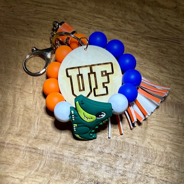 Orange Blue University of Florida Inspired silicone bead wristlet keychain w/ tassel + engraved disc, UF, personalize and/or add gator bead