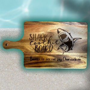 Decorative Acacia Cutting Board w/ Handle, Approx 16″ x 10′” x .5″, Shark Coochie Board Because No One Can Say Charcuterie Cutting Board