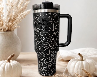 Ghost Tumbler Engraved Stanley Cup, Cute Spooky Halloween Moon Stars 40oz 30oz, Personalized Gift