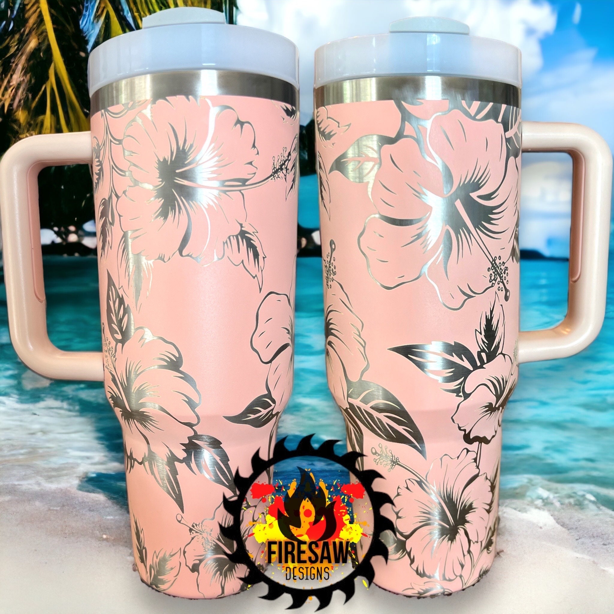 40 Oz Stanley Tiger Lily Tumbler Engraved With Hibiscus Flowers. 