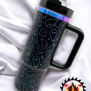 Full Wrap Permanently Laser Engraved Cute Ghosts & Stars 40oz Tumbler - Halloween - 40oz Dupe Tumbler with Handle