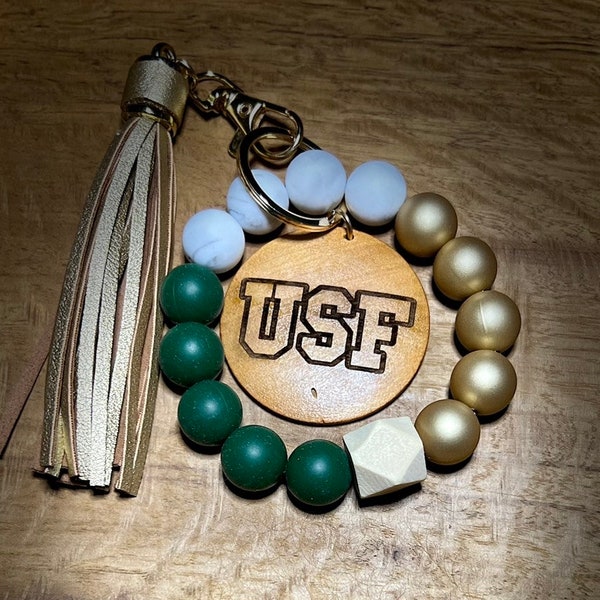 Green and Gold  University of South Florida silicone bead wristlet keychain w/ tassel + engraved disc, personalized, USF Bulls