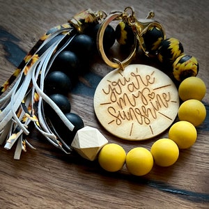 Sunflower You Are My Sunshine silicone bead wristlet keychain with tassel and engraved disc, add personalization