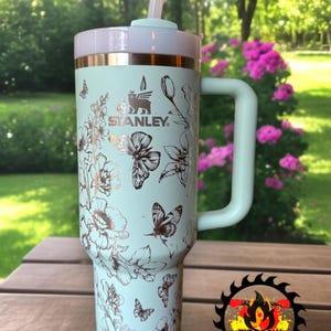 Authentic Stanley 30oz or 40oz Travel Quencher Tumbler - Floral Butterfly Full Wrap Design - Permanently Laser Engraved