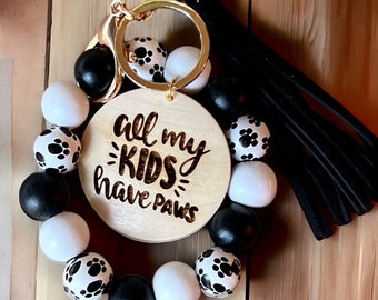 Laser engraved All My Kids Have Paws, paw print wooden bead wristlet, dog lover gifts, pet gifts, dog keychain, photo gift, dog mom