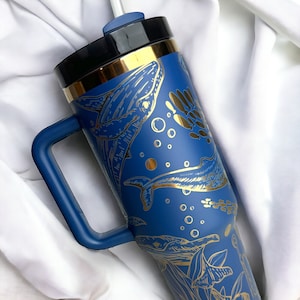 Whale Ocean Full Wrap 40 oz Jewel Toned Tumbler with Handle - Copper Engraving Full Wrap Permanent Laser Engraved Tumbler