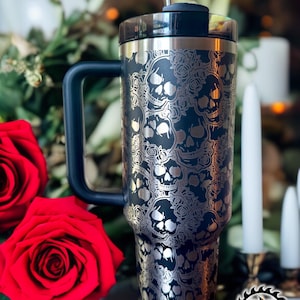 Authentic Stanley Travel Quencher Tumbler - Skulls and Roses - Halloween - Full Wrap Permanently Laser Engraved - 30oz or 40 OZ Tumbler