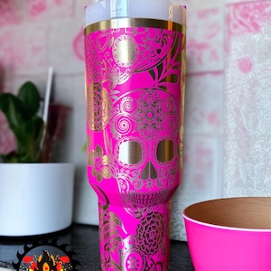 Authentic Stanley 30oz or 40oz Travel Quencher Tumbler - Sugar Skulls - Full Wrap Permanently Laser Engraved