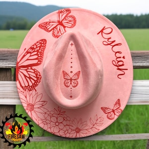 Laser Engraved Peraonalized Floral Butterfly Vegan Suede Wide Brimmed Fedora