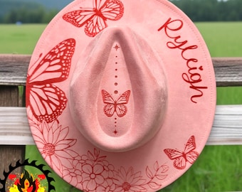 Laser Engraved Peraonalized Floral Butterfly Vegan Suede Wide Brimmed Fedora