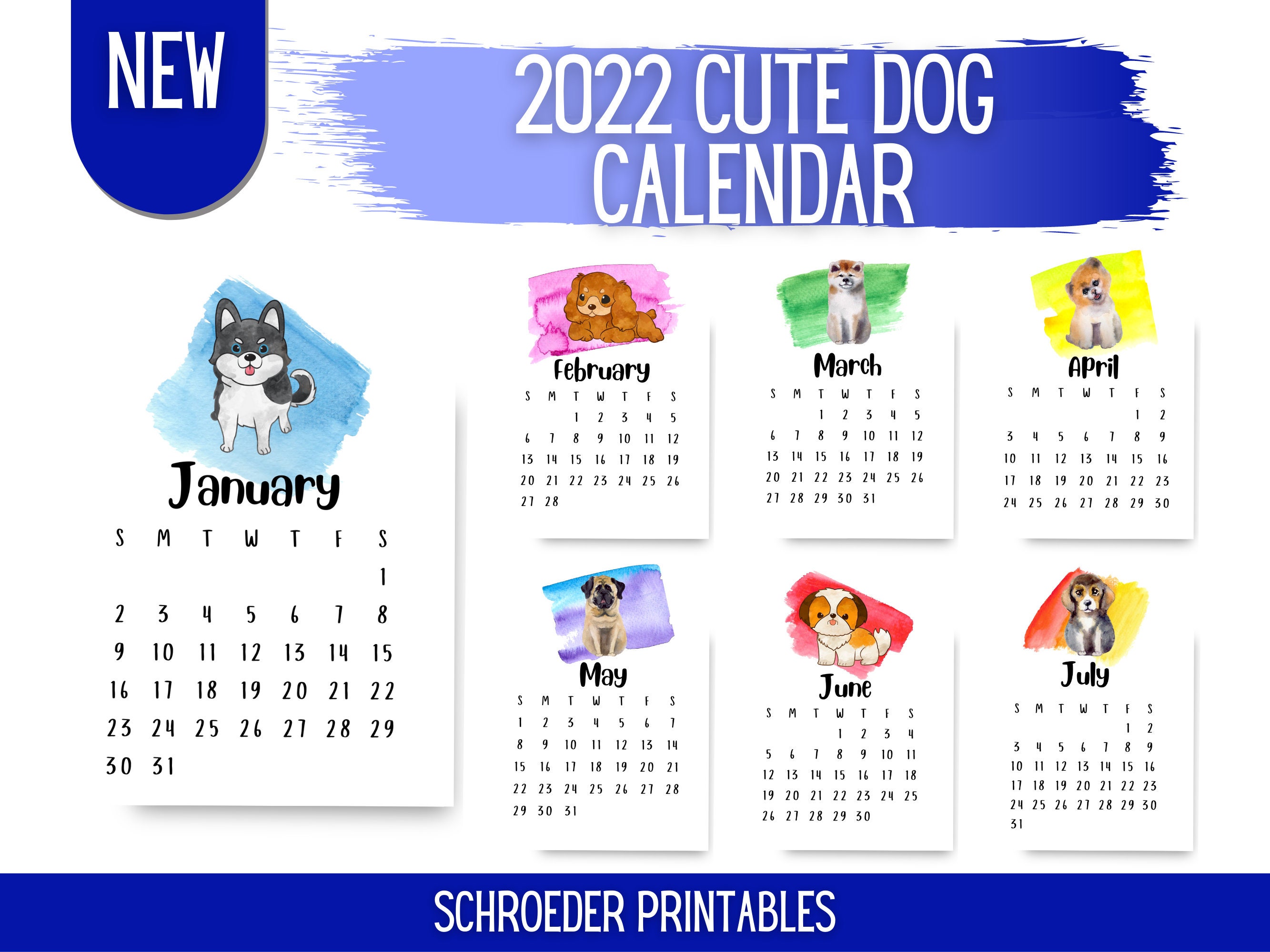 2022 printable dog calendar monthly pages digital download etsy
