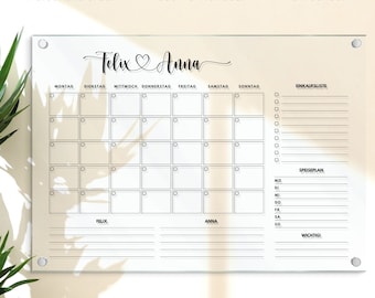 Calendario da parete per 2 persone, calendario in vetro acrilico personalizzato, piano in acrilico, organizzatore in formato A3 | A2 | A1