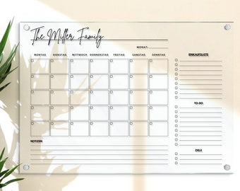 Familienplaner personalisiert, Acrylglas Kalender, Planer mit extra Checklist, Monatsplan, Wochenplan abwischbar, Organizer in A3 | A2 | A1