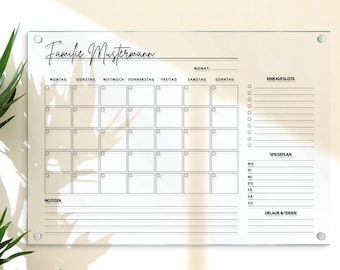 Personaliseerbare gezinsplanner - acrylglas kalender - grote wandkalender - uitwisbare maandplanner - gezinsorganizer in A3 | A2 | A1