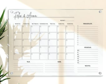 Wandkalender für 2 Personen, Acrylglas Kalender personalisiert, Acryl Planer, Monatsplan, Wochenplan abwischbar, Organizer in A3 | A2 | A1
