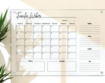 Familienplaner für 4 Personen, Acrylglas Kalender personalisiert, Acryl Planer, Monatsplan, Wochenplan abwischbar, Organizer in A3 | A2 | A1