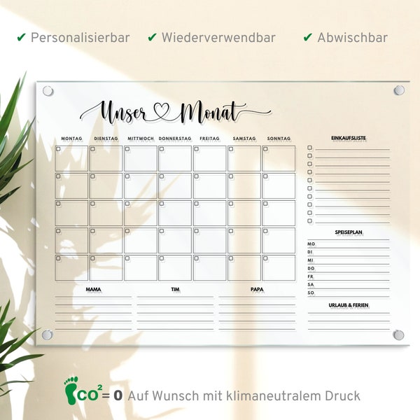 Wandkalender für 3 Personen, Acrylglas Kalender personalisiert, Acryl Planer, Monatsplan, Wochenplan abwischbar, Organizer in A3 | A2 | A1