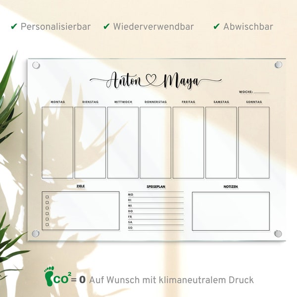 Personalisierbarer Wochenplaner - Acrylglas Kalender - Wochenkalender - Acryl Planer - Wochenplaner abwischbar - Organizer in A3 | A2 | A1