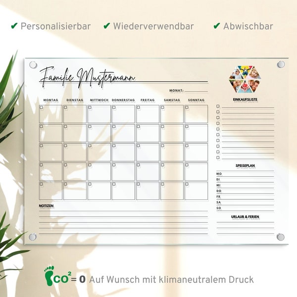 Personalisierbarer Foto Familienplaner - Acrylglas Kalender - großer Wandkalender - Monatsplaner abwischbar in A2 oder A1