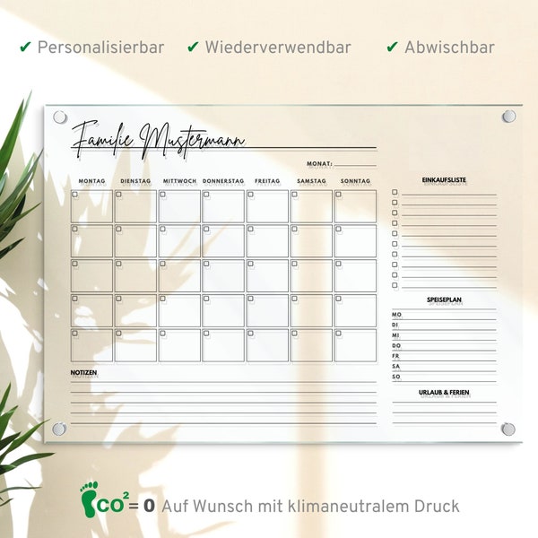 Personalisierbarer Familienplaner - Acrylglas Kalender - großer Wandkalender - Monatsplaner abwischbar - Familien Organizer in A3 | A2 | A1