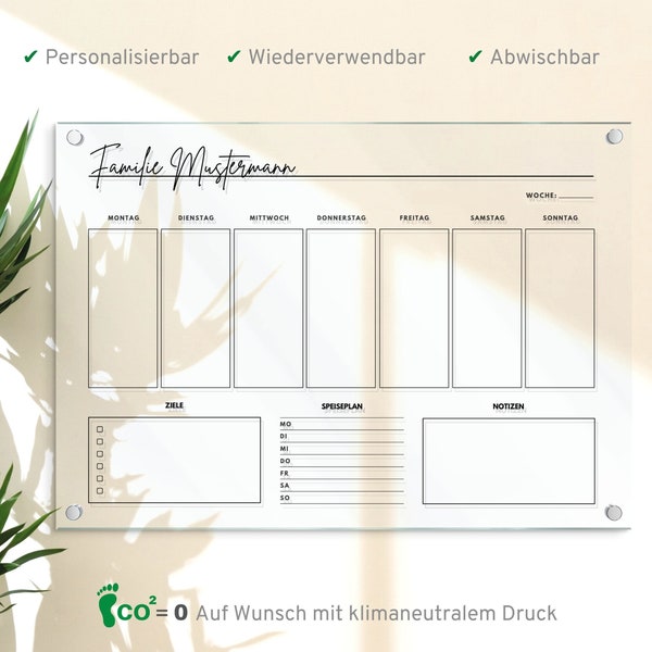 Personalisierbarer Familienplaner - Acrylglas Kalender - Wochenkalender - Acryl Planer - Wochenplaner abwischbar - Organizer in A3 | A2 | A1