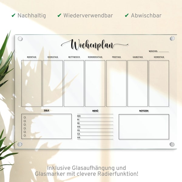 Wochenplan aus Acrylglas in A3, Wochenplaner für die Wand, Acryl Planer, Wandkalender abwischbar, Organizer, To Do Liste, Speiseplan