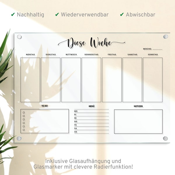 Wochenplaner aus Acrylglas in A3, Wochenplan für die Wand, Acryl Planer, Wandkalender abwischbar, Organizer, To Do Liste, Speiseplan