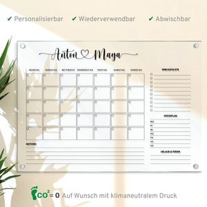 Personalisierbarer Monatskalender - Acrylglas Kalender -  Wandkalender - Acryl Planer - Monatsplaner abwischbar - Organizer in A3 | A2 | A1