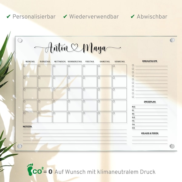 Personalisierbarer Monatskalender - Acrylglas Kalender -  Wandkalender - Acryl Planer - Monatsplaner abwischbar - Organizer in A3 | A2 | A1