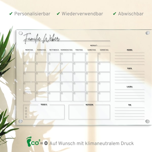 Planificateur familial pour 4 personnes, calendrier en acrylique personnalisé, planificateur en acrylique, organisateur en A3 | A2 | A1