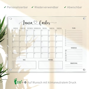 Gepersonaliseerde muurkalender, acrylglas kalender, planner met to-do lijst, maandplanner, uitwisbare weekplanner, organizer in A3 | A2 | A1