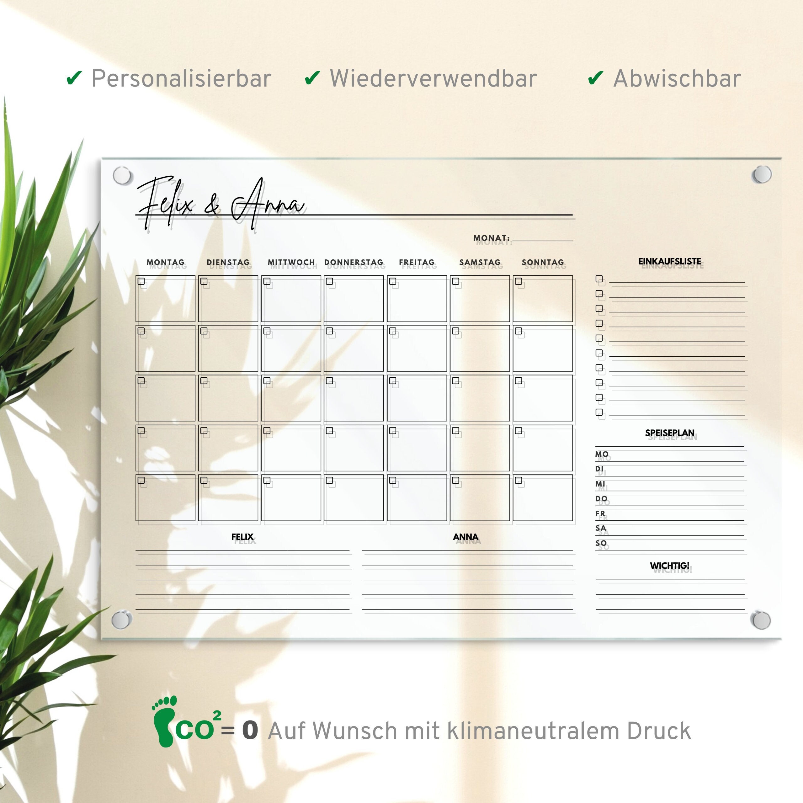 Wandkalender für 2 Personen, Acrylglas Kalender personalisiert, Acryl 