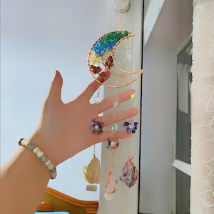 Natural stone crystal chime, moon prism pendant, dream sun catcher, rainbow hanging drop for outdoor garden