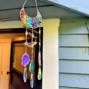 Natural stone crystal chime, moon prism pendant, dream sun catcher, rainbow hanging drop for outdoor garden