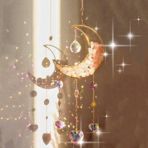 Natural stone crystal chime, moon prism pendant, dream sun catcher, rainbow hanging drop for outdoor garden
