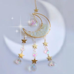 Natural stone crystal chime, moon prism pendant, dream sun catcher, rainbow hanging drop for outdoor garden
