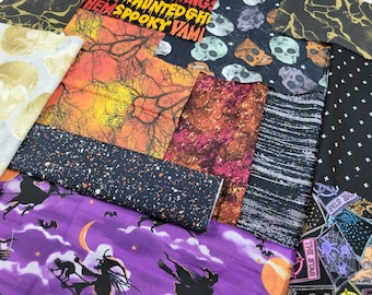 Haunted Night Fabric Scraps Bundle – Halloween Skulls & Spooky Quilting Cotton
