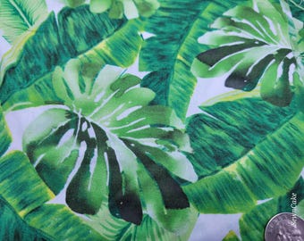 Tropical Monstera Banana Leaf Cotton Fabric - Green & White