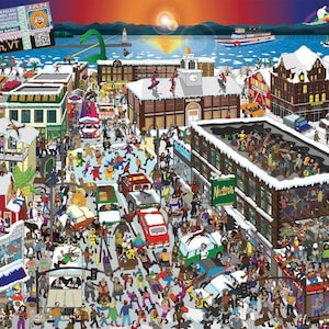May include: A colorful illustration of a winter scene in Burlington, Vermont. The image features a variety of buildings, people, and vehicles, including a large green monster, a rainbow, and a clock tower. The text "Burlington, VT" is visible in the lower left corner of the image.