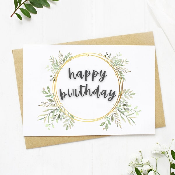 Happy Birthday Printable Card | Birthday Gift Tag | Gold & Greenery Wreath Birthday Card | Digital Download