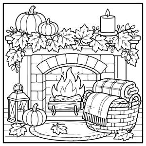 Puede incluir: Una ilustración de arte lineal en blanco y negro de una escena de chimenea con fuego y leños, una repisa decorada con calabazas, hojas de arce y una vela. Una linterna, una calabaza, una alfombra redonda y una cesta con una manta a cuadros.