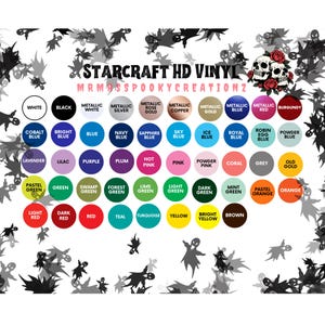 Op de afbeelding: Een kleurenkaart voor Starcraft HD Vinyl van MrMasSpookyCreationz met rijen cirkelvormige stalen in diverse tinten, waaronder wit, zwart, metallic, blauw, roze, groen en rood, omringd door een patroon van zwarte spooksilhouetten.