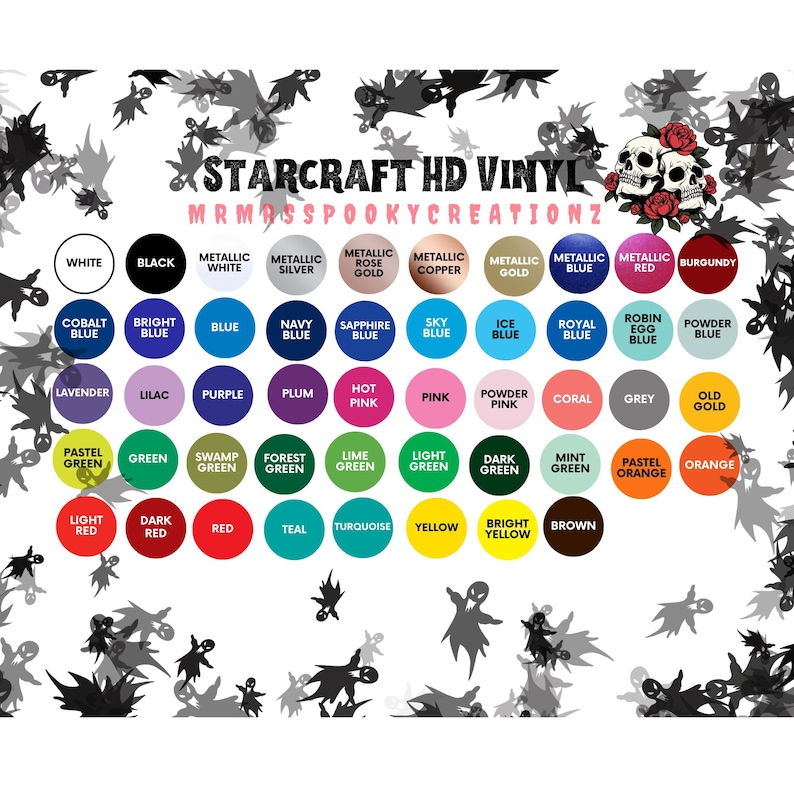 Op de afbeelding: Een kleurenkaart voor Starcraft HD Vinyl van MrMasSpookyCreationz met rijen cirkelvormige stalen in diverse tinten, waaronder wit, zwart, metallic, blauw, roze, groen en rood, omringd door een patroon van zwarte spooksilhouetten.