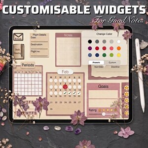 May include: A digital tablet displaying a planner interface with the text CUSTOMISABLE WIDGETS For GoodNotes. The screen shows various sections including a calendar for February, a notes grid, goal tracking, and a color selection menu.