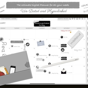 May include: A digital planner app on a tablet screen with a gray and black color scheme. The app features a calendar with a monthly view, a yearly overview, and a custom section. The calendar is for January and includes a note that says "Launch a new product for Etsy". The app also includes a section for monthly review and a section for weekly tasks. The app is un-dated and hyperlinked. The app is titled "The Ultimate Digital Planner for all your needs" and "Un-Dated and Hyperlinked".