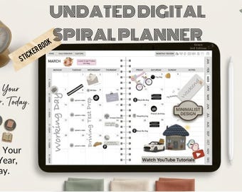 May include: A digital tablet displaying an undated spiral planner with a March calendar view, featuring various stickers, text labels, and icons. The screen shows "Working Day," "Driving Test Prep," and "Watch YouTube Tutorials" text entries.