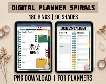 Puede incluir: Espirales para agenda digital con 180 anillas en 90 tonos. Dos tabletas muestran una demostración de espiral simple y una de doble espiral con objetivos semanales, proyectos y listas de tareas. El texto dice Digital Planner Spirals, 180 Rings, 90 Shades, PNG Download, For Planners, Single Spiral Demo y Double Spiral Demo.