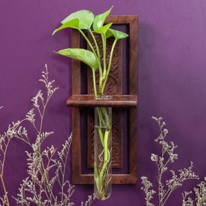 Handgefertigte Reagenzglas-Vase zur Wandmontage - Sheesham-Holzrahmen mit geschnitzten Details - Vintage Boho-Pflanzenvermehrungs-Planter